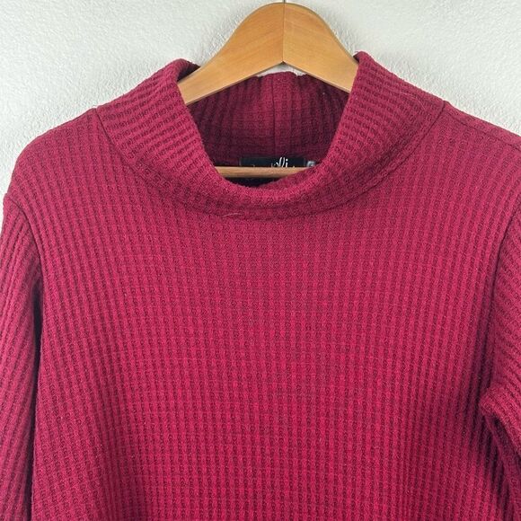Sympli Womens Size 10 Waffleknit Cowlneck Sweater Burgundy Red Tunic Layered Hem - Picture 3 of 11